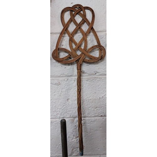 131 - Wooden Easel, Wicker Carpet Beater & Copper Top Washing Plunger