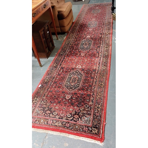 176 - Hand Knotted Indian Wool Red Runner Rug - C. 400cm x 87cm