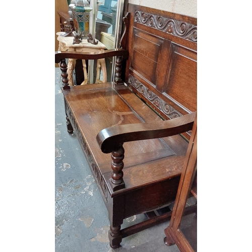 20 - 1920's Fine Oak Monks Bench - C. 139cm W x 80cm H x 67cm D