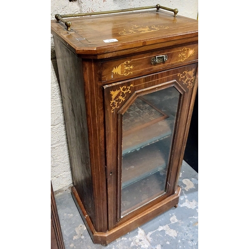 211 - Inlaid Rosewood Glazed Music Cabinet with Brass Gallery Rail - C. 51cm W x 35cm D x 96cm H