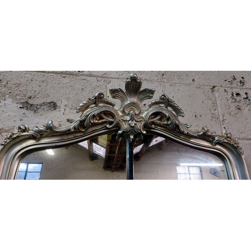 25 - Large Silver Carved Top Overmantle / Hall Mirror - C. 200cm H x 86cm W