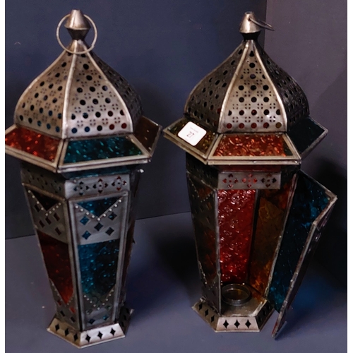 27 - Pair of Metal and Coloured Glass Lanterns - C. 44cm H