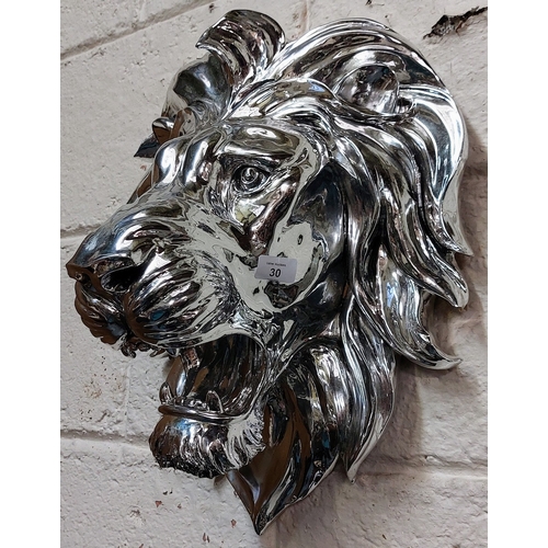 30 - Wall Mounted Lion Head - Polished Metal - C. 52cm H x 17cm W