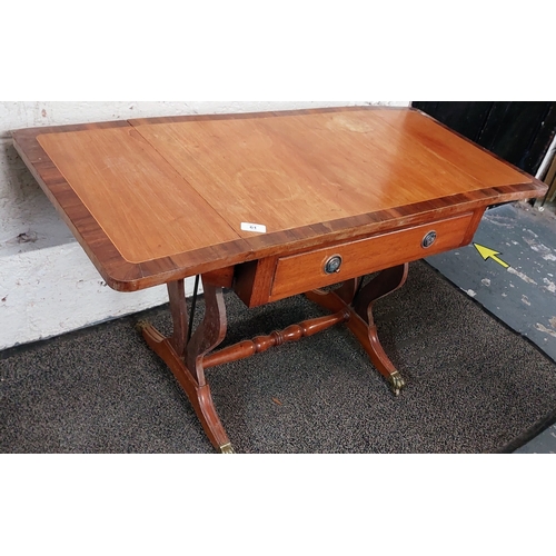 61 - Neat Size Crossbanded Sofa Table with Lyre Base on Turned Stretcher with Drawer