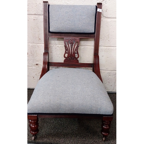 79 - Mahogany Upholstered Chair with Blue Pure Wool Tweed Upholstery