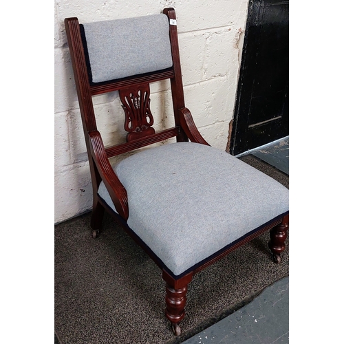 79 - Mahogany Upholstered Chair with Blue Pure Wool Tweed Upholstery