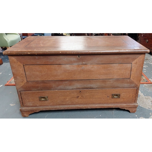 259 - Pine Lift Top Trunk with Brass Campaign Handled Drawer - C. 115cm W x 60cm D x 66cm H