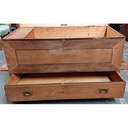 259 - Pine Lift Top Trunk with Brass Campaign Handled Drawer - C. 115cm W x 60cm D x 66cm H