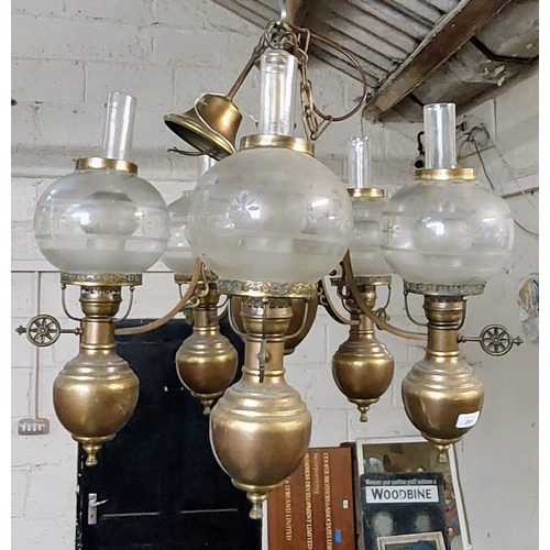 261 - 5 Branch Electrified Oil Lamp Light Fitting with Etched Glass Shades (one damaged) - ex Meath Estate... 