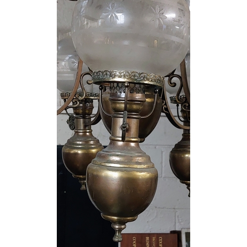 261 - 5 Branch Electrified Oil Lamp Light Fitting with Etched Glass Shades (one damaged) - ex Meath Estate... 