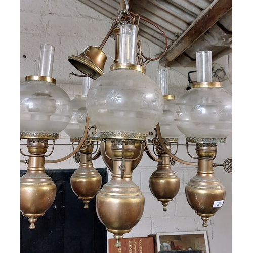 261 - 5 Branch Electrified Oil Lamp Light Fitting with Etched Glass Shades (one damaged) - ex Meath Estate... 