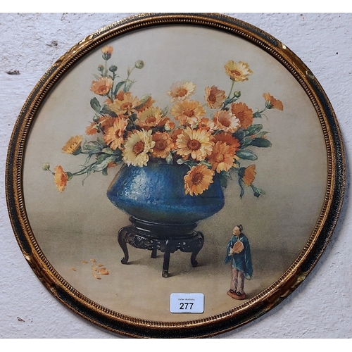 277 - Round Gilt Frame Oriental Still Life Floral Scene Print