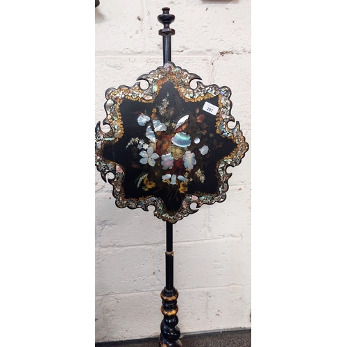 297 - Mother of Pearl Inlay Papier-Mache Pole Fire Screen on Tripod Base - C. 135cm H