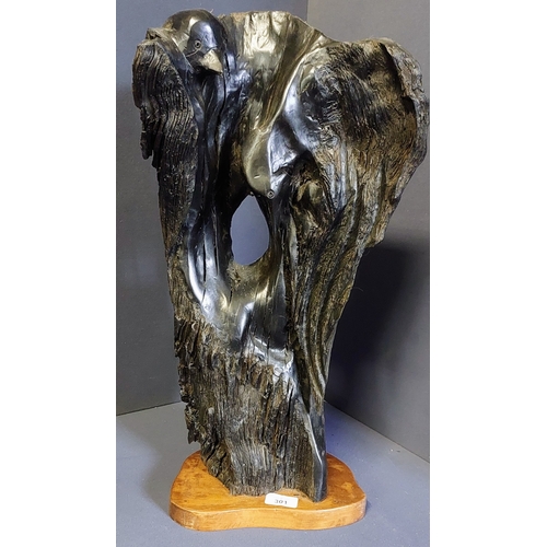 301 - Mounted Bog Oak Sculpture of Birds - C. 28cm W x 55cm H