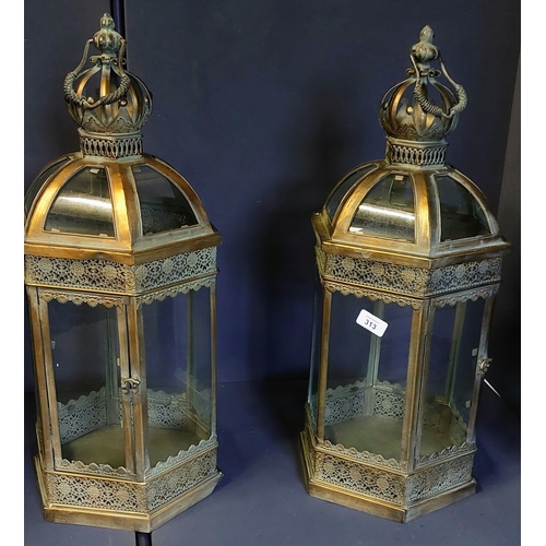 313 - Pair of Glass and Pierced Metal Lanterns - C. 62cm H