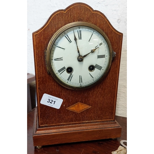 321 - Mahogany Inlaid Mantle Clock - C. 18cm W x 27cm H