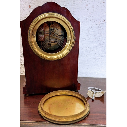 321 - Mahogany Inlaid Mantle Clock - C. 18cm W x 27cm H