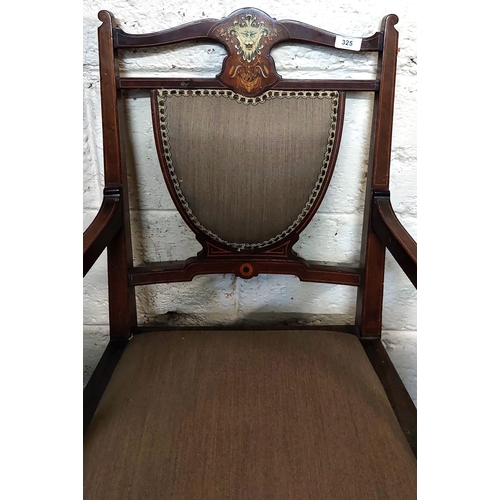 325 - A Pair of Edwardian Inlaid Mahogany Elbow Chairs with Green Upholstery