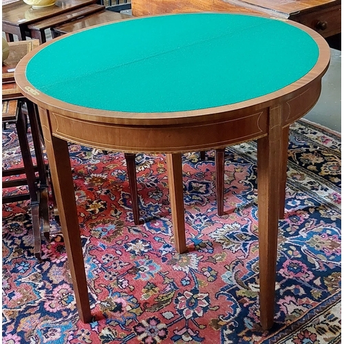 326 - Neat Mahogany Half Moon Inlaid Fold Over Card Table - C. 89cm W x 45cm D x 77cm H