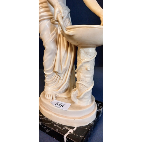 336 - Alabaster Grecian Figure on Marble Stand - C. 40cm H