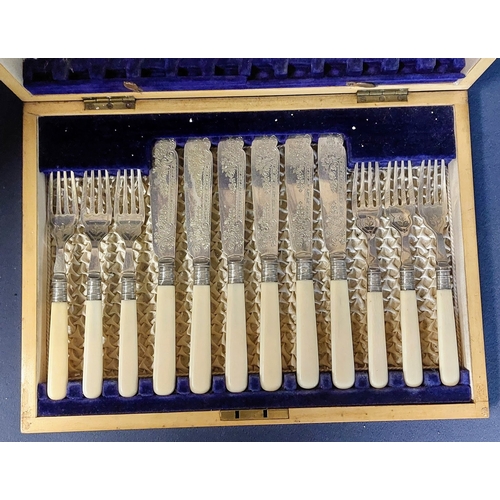 337 - Cased Set of 6 Fruit Knives and Forks - Bone Handle with Sheffield Silver Clasp