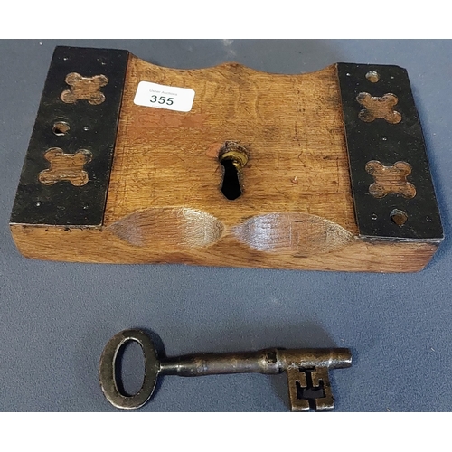 355 - Oak and Metal Lock with Key - C. 26cm x 16cm