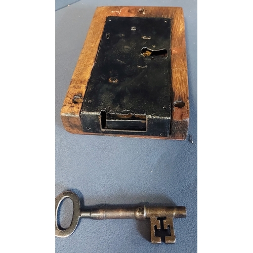 355 - Oak and Metal Lock with Key - C. 26cm x 16cm