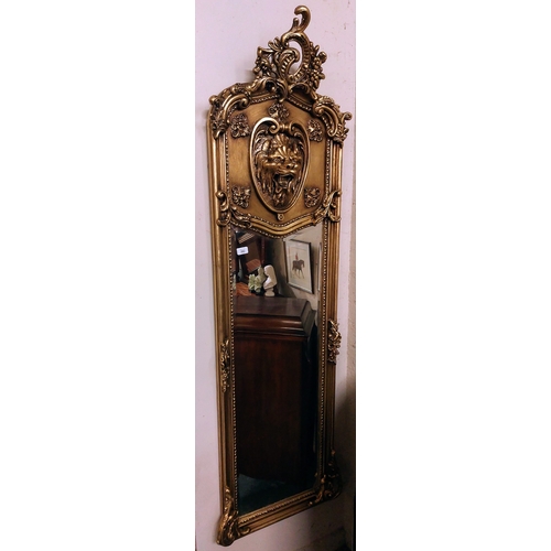 392 - Pair of Narrow Gilt Decorative Lion Head Bevelled Mirrors - C. 180cm H x 49cm W