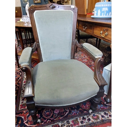 402 - Edwardian Carved Mahogany Upholstered Armchair on Castors