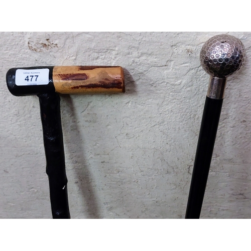 477 - 2 Walking Sticks inc Silver Gold Ball Head Cane