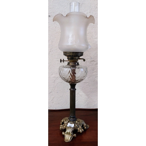 483 - Victorian Brass Oil Lamp & Shade - C. 67cm H