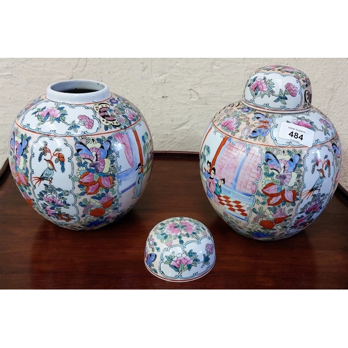 484 - Pair of 20th Century Cantonese Lidded Ginger Jars - C. 21cm H