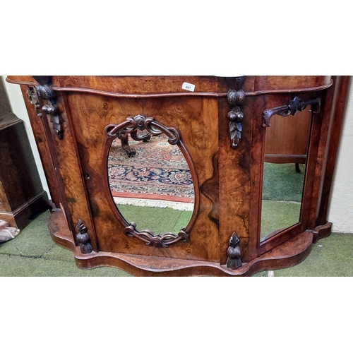 487 - 19th Century Marble Top Walnut Credenza with Mirrored Doors - C. 150cm W x 47cm D x 85cm H