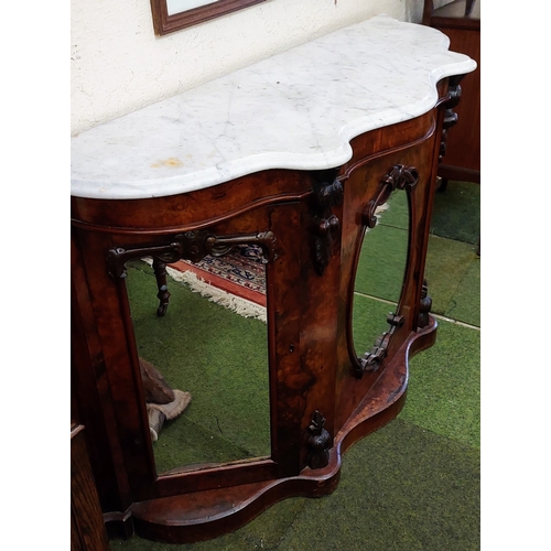 487 - 19th Century Marble Top Walnut Credenza with Mirrored Doors - C. 150cm W x 47cm D x 85cm H