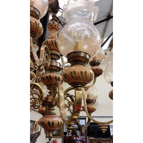 504 - 9 Branch Brass and Ceramic Chandelier with Light Amber Glass Shades - C. 72cm W x 75cm H - ex Meath ... 