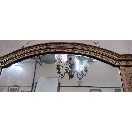 505 - Arch Top Gilded Overmantle Mirror with Column Support Detail - C. 122cm W x 65cm H