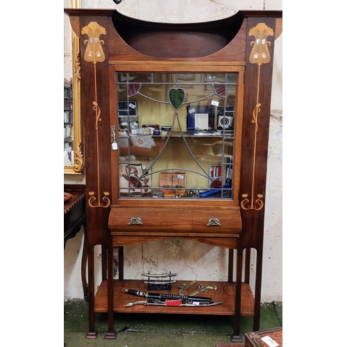 528 - Art Nouveau Display Cabinet with Coloured Leaded Glass, Mother of Pearl Inlay, Central Drawer and Ex... 