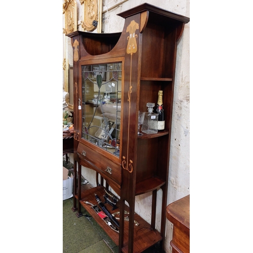 528 - Art Nouveau Display Cabinet with Coloured Leaded Glass, Mother of Pearl Inlay, Central Drawer and Ex... 