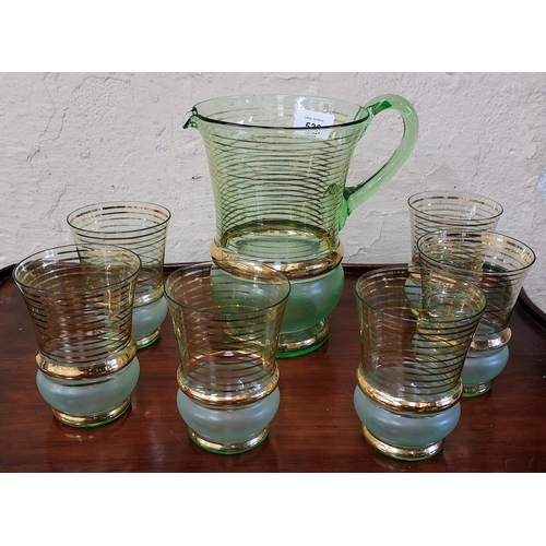 530 - Mid Century Gilded Green Glass Jug and 6 Glasses