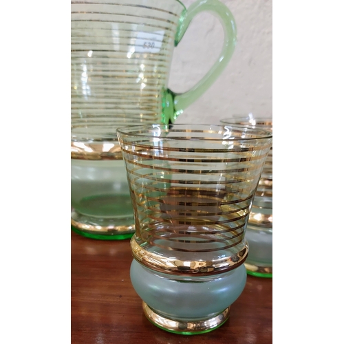 530 - Mid Century Gilded Green Glass Jug and 6 Glasses