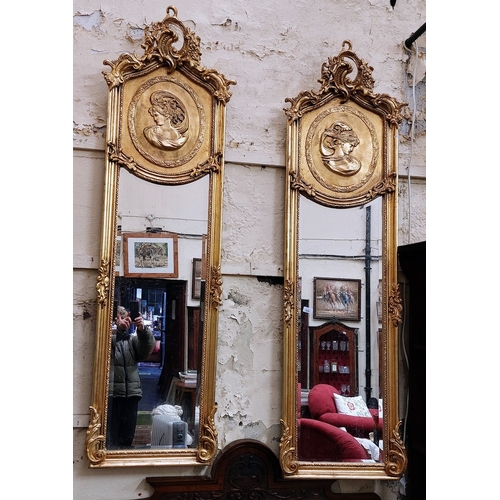 535 - Pair of Highly Decorative Gilded Pier Mirrors with Pronounced Bust of Lady - C. 50cm W x 180cm H