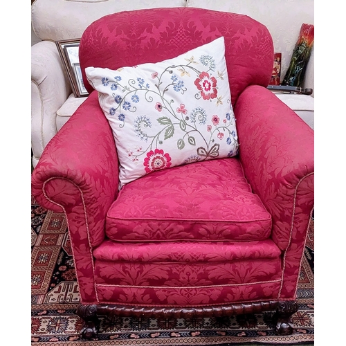 564 - Pair of Red Upholstered Armchairs and Matching Footstool