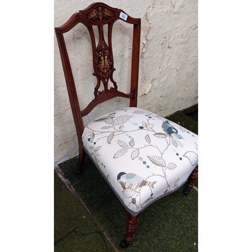 572 - Edwardian Inlaid Mahogany Chair with Bird and Leaf Branch Upholstery