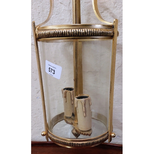 573 - Neat Brass Hall Lantern - C. 15cm W x 34cm H