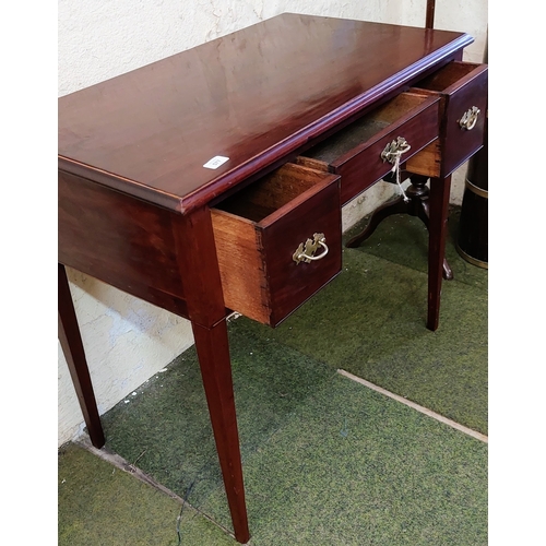 577 - Neat Mahogany Kneehole Writing Desk with Brass Handles - C 85cm W x 48cm Dx 76cm H