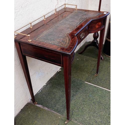 592 - Inlaid Rosewood Brass Gallery Back Ladies' Desk with Tooled Leather Top, Brass Castors on Tapered Le... 