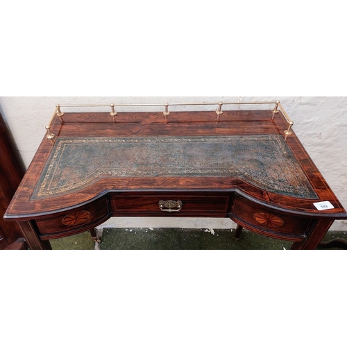 592 - Inlaid Rosewood Brass Gallery Back Ladies' Desk with Tooled Leather Top, Brass Castors on Tapered Le... 