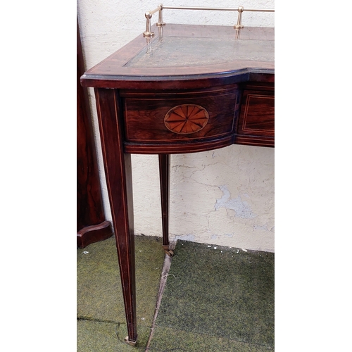 592 - Inlaid Rosewood Brass Gallery Back Ladies' Desk with Tooled Leather Top, Brass Castors on Tapered Le... 