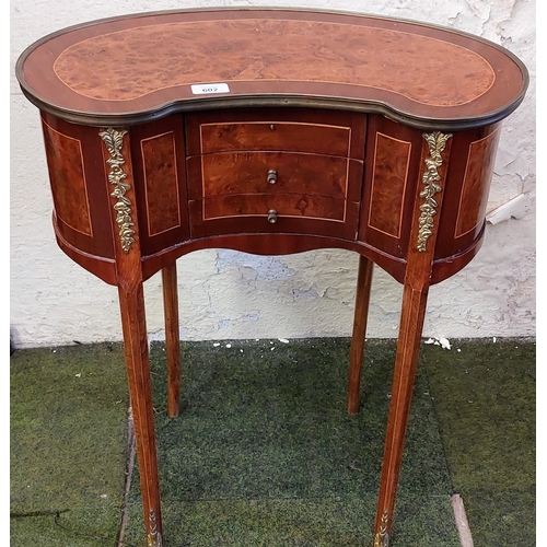 602 - French Inlaid Kingwood Kidney Shaped Side Table with Brass Rail and Ormolu Mountings - C. 56cm W x 3... 