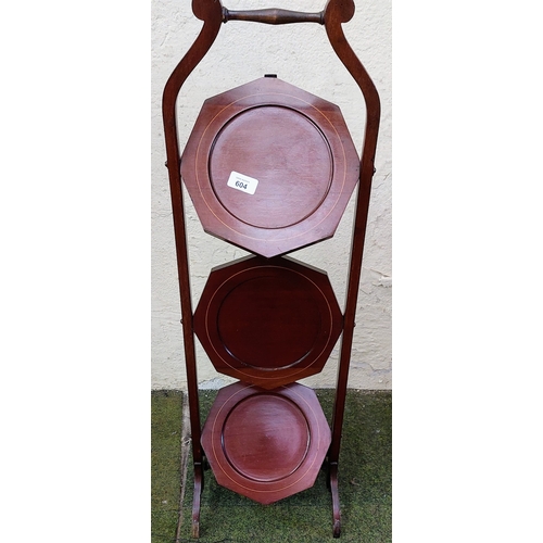 604 - Mahogany Inlaid Folding Cake Stand